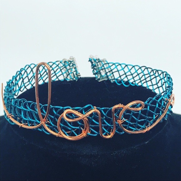 Teal Kumihimo Woven Wire Braid Cuff Love Bracelet - Picture 2 of 7